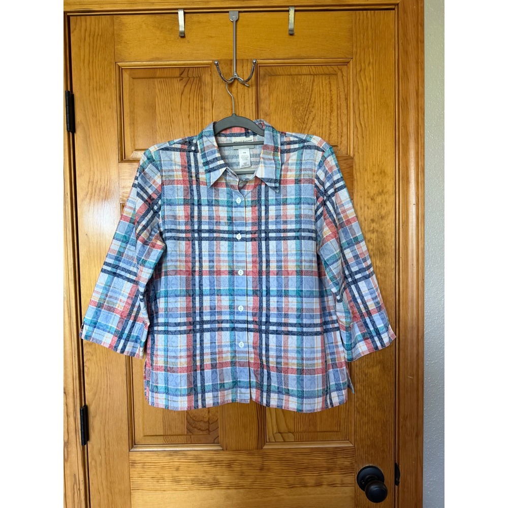 Alfred Dunner Petite PM Multi-Color Plaid Floral Jacquard 3/4 Sleeve Shirt